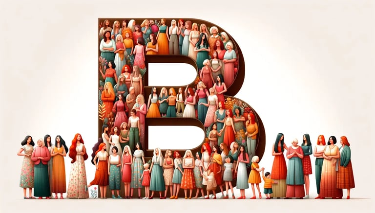 The letter B being portrayed by various women of different ethnicities