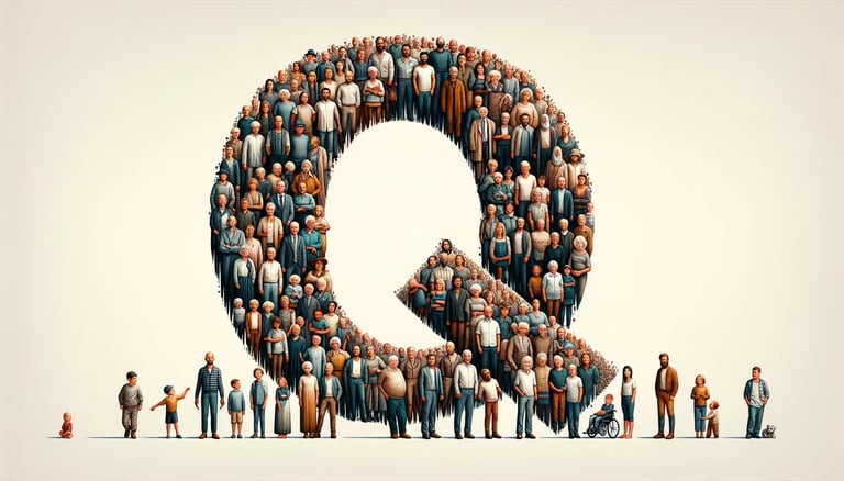 The letter Q being portrayed by various men and boys of different ethnicities