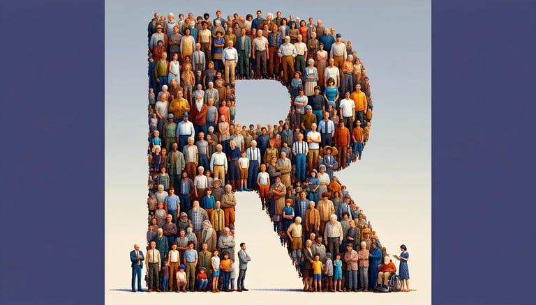 The letter R being portrayed by various men and boys of different ethnicities
