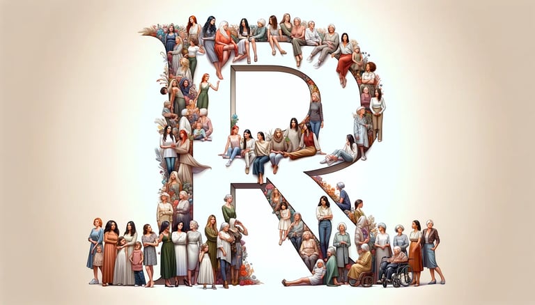 The letter R being portrayed by various women of different ethnicities