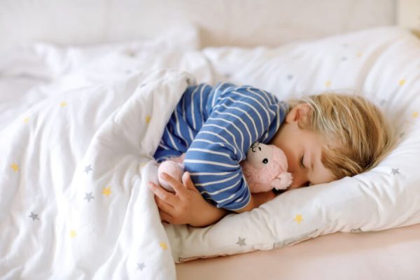 Cute little toddler girl sleeping in bed with favourite soft plush toy lama