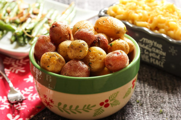 Home cooked baked roasted baby potatoes with herbs/ Xmas thanksgiving side dish