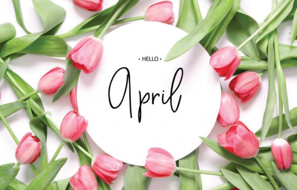 a sign saying "hello april" with tulips