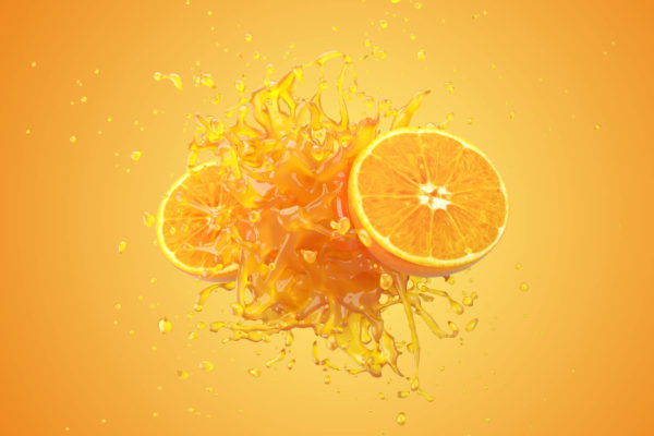 Explosion Orange juice liquid with Orange fruit on yellow background