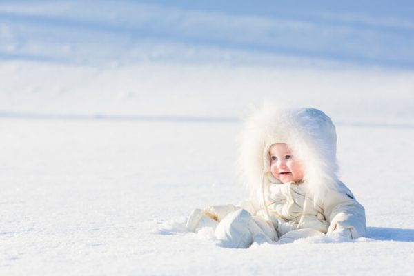 a baby dressed warmly while sitting in snow